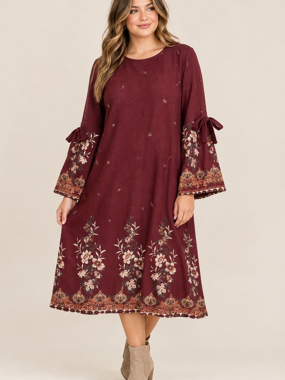 Boho Peasant Bell Sleeve Dress Plus Size Botanical Print Maroon Midi 1X